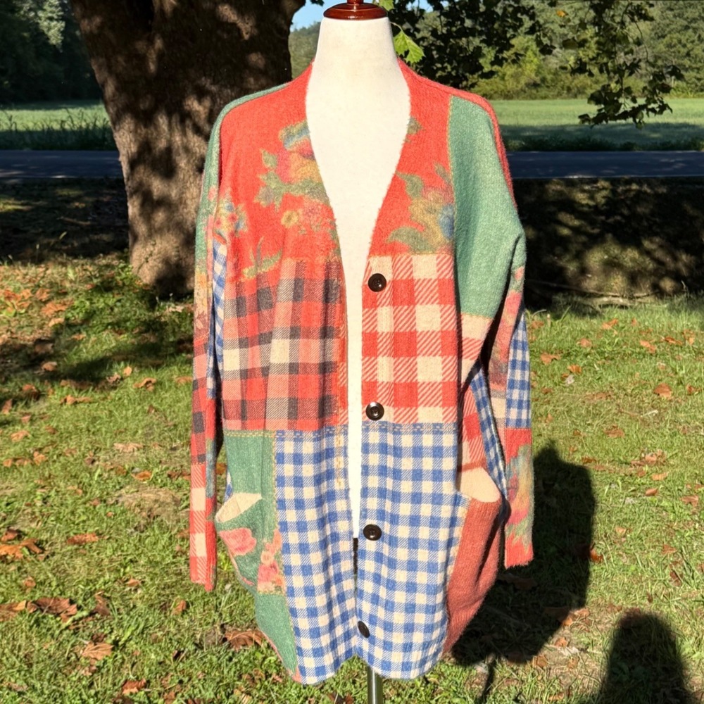 YESNO Patchwork Floral Plaid Cotton Wool Cardigan Sweater Red Green Blue NWT